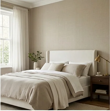 Warm linen-textured wallpaper and an upholstered bed in a peaceful bedroom