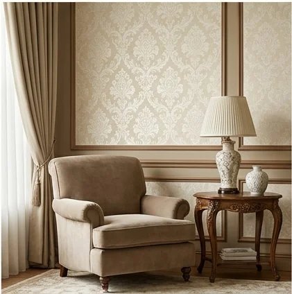 Classic damask wallpaper in a warm interior with a taupe armchair and natural wood detailing