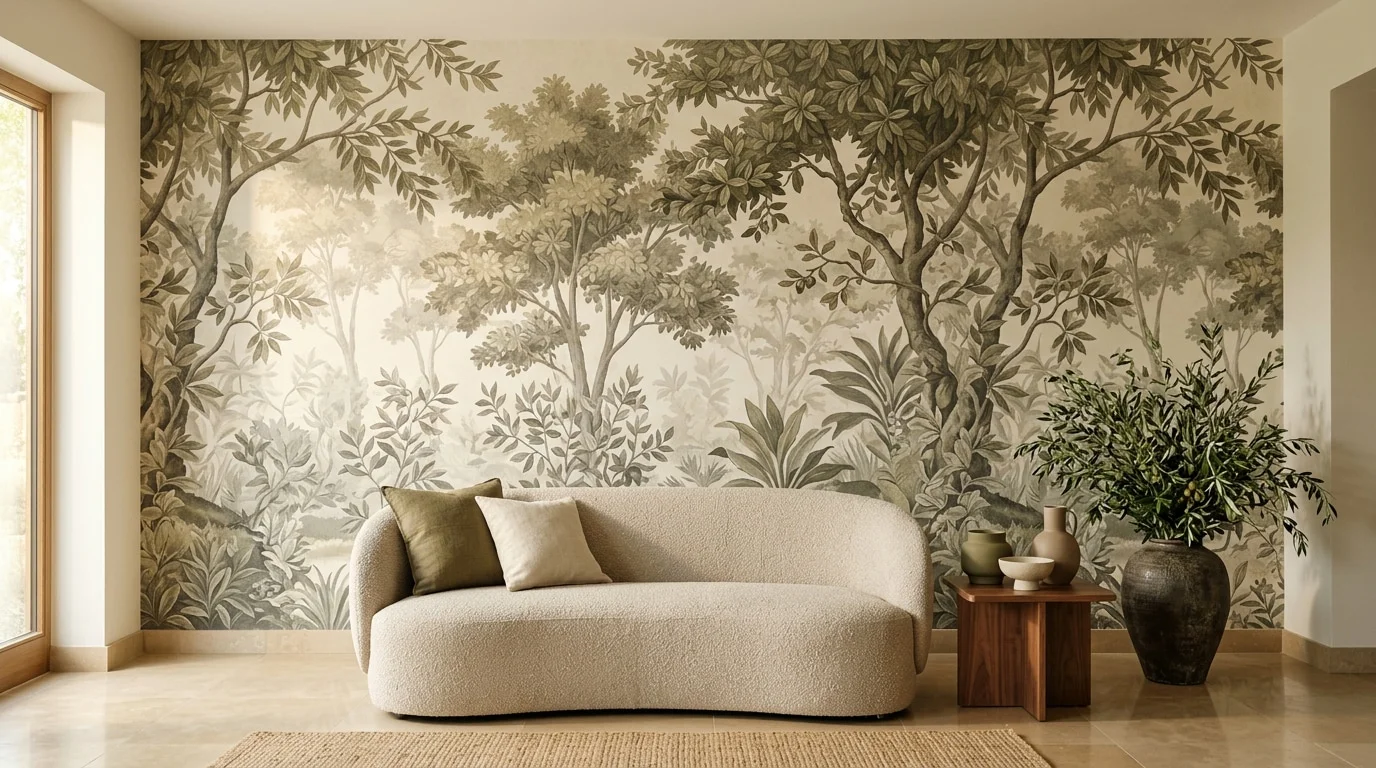 An elegant living room with olive botanical wallpaper, an oatmeal sofa and warm natural accents