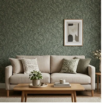 Sage botanical wallpaper behind a cream sofa in a living room